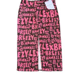 Lex Breezy NWT Denim Midi Skirt All-Over Text Print Y2K Baddie Vacay Black Pink